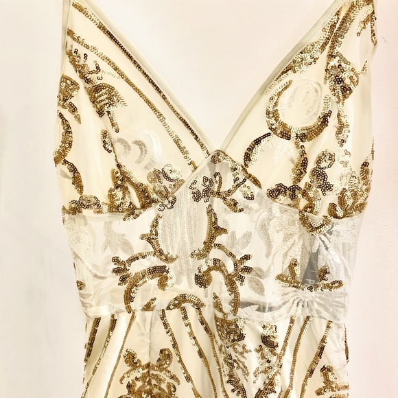 Gold Sheer Strappy Panel Sequin Bodycon Dress NEW - Picture 2 of 8